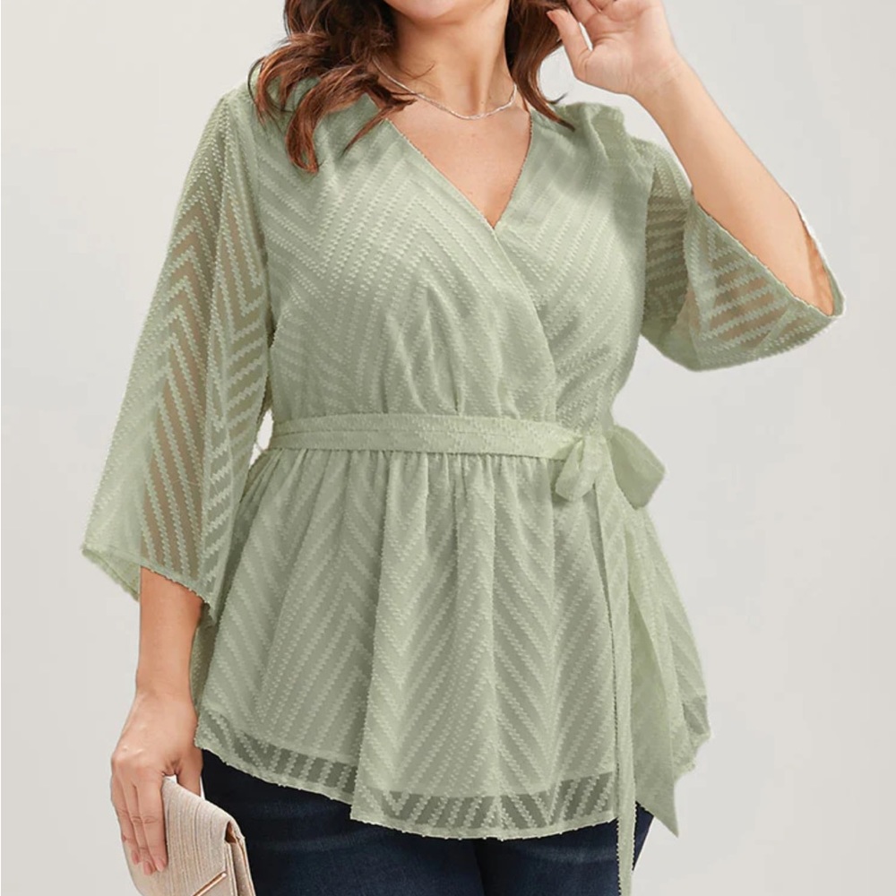 Plain Geometric Mesh Surplice Neck Belted Ruffles Blouse